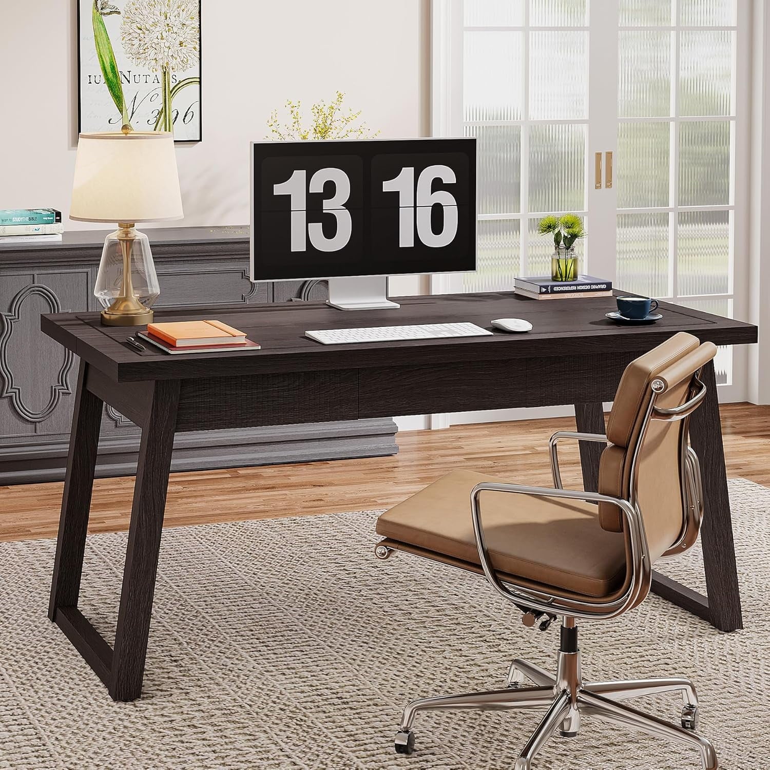 Executive Desk, 55 Inches Solid Wood Computer Desk with Drawer for Home Office