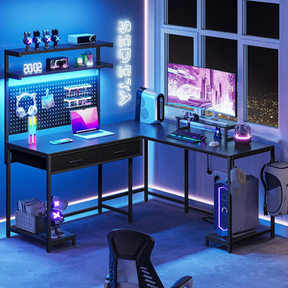 SEDETA White L Shaped Gaming Desk with LED Lights and Drawers, Gaming Desk with Hutch & Pegboard, Computer Desk with Monitor Stand, Storage Shelves, Home Office Desk Corner Desk, Gaming Table