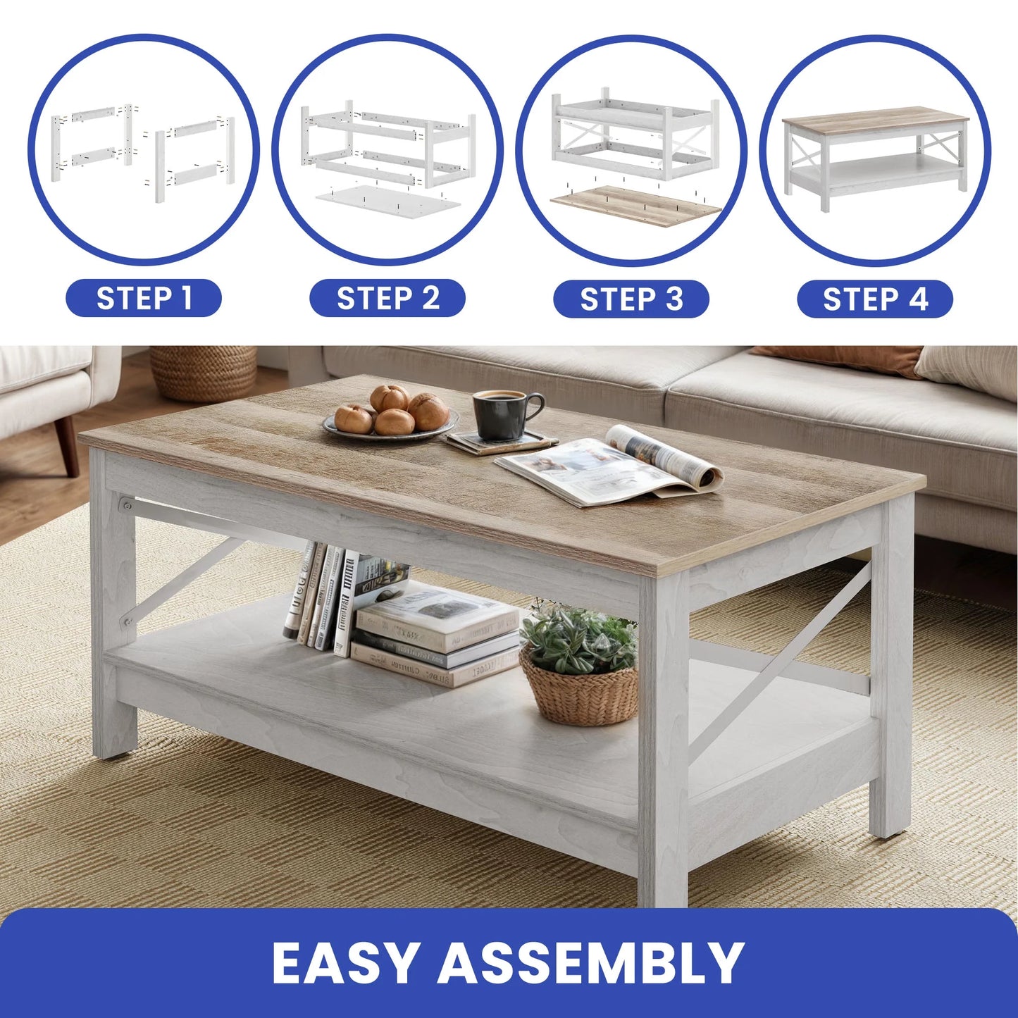Wooflex Rustic Wood Coffee Table with 2-Tier Storage Shelf, Rectangle Design for Living Room or Home Office