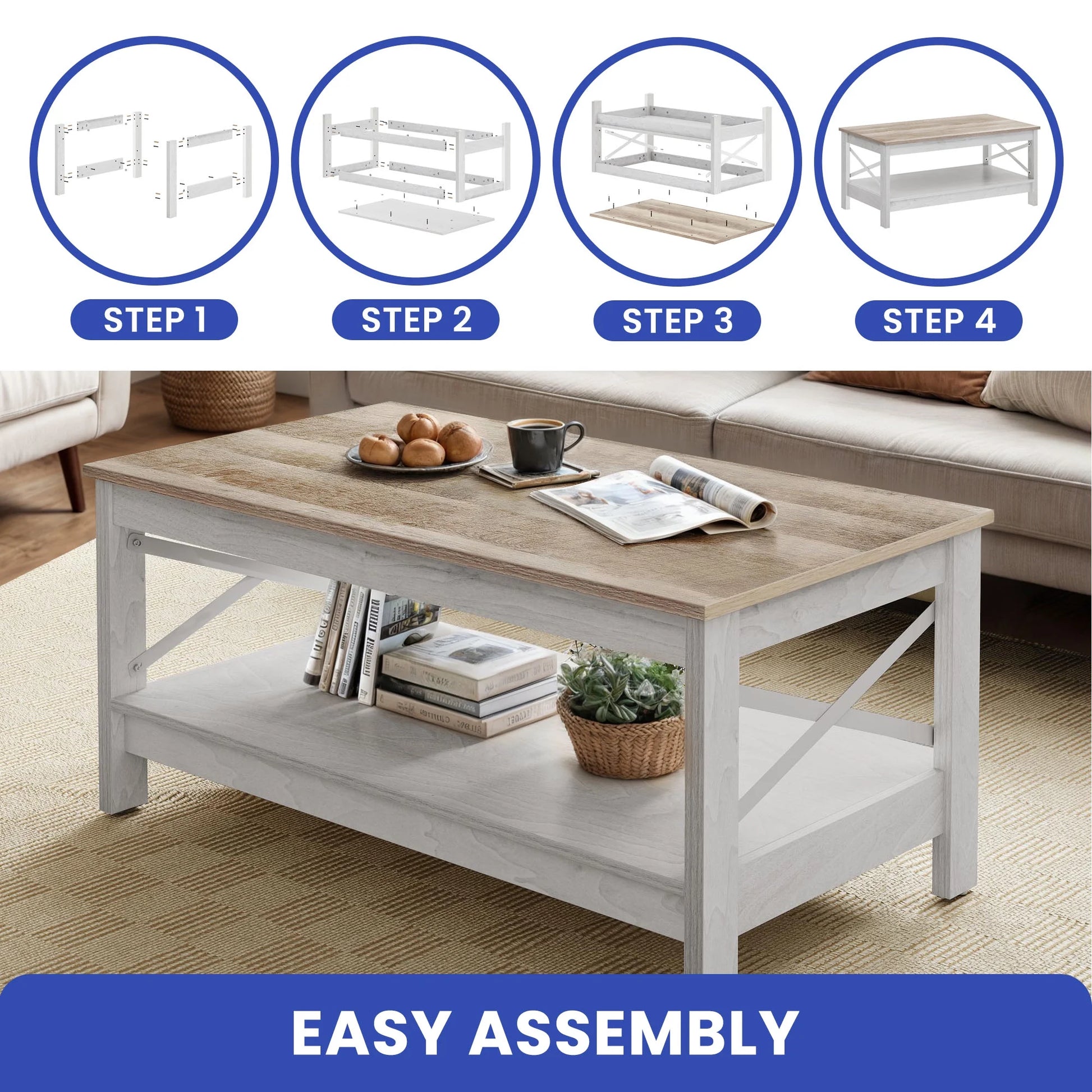 Wooflex Rustic Wood Coffee Table with 2-Tier Storage Shelf, Rectangle Design for Living Room or Home Office