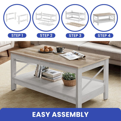 Wooflex Rustic Wood Coffee Table with 2-Tier Storage Shelf, Rectangle Design for Living Room or Home Office