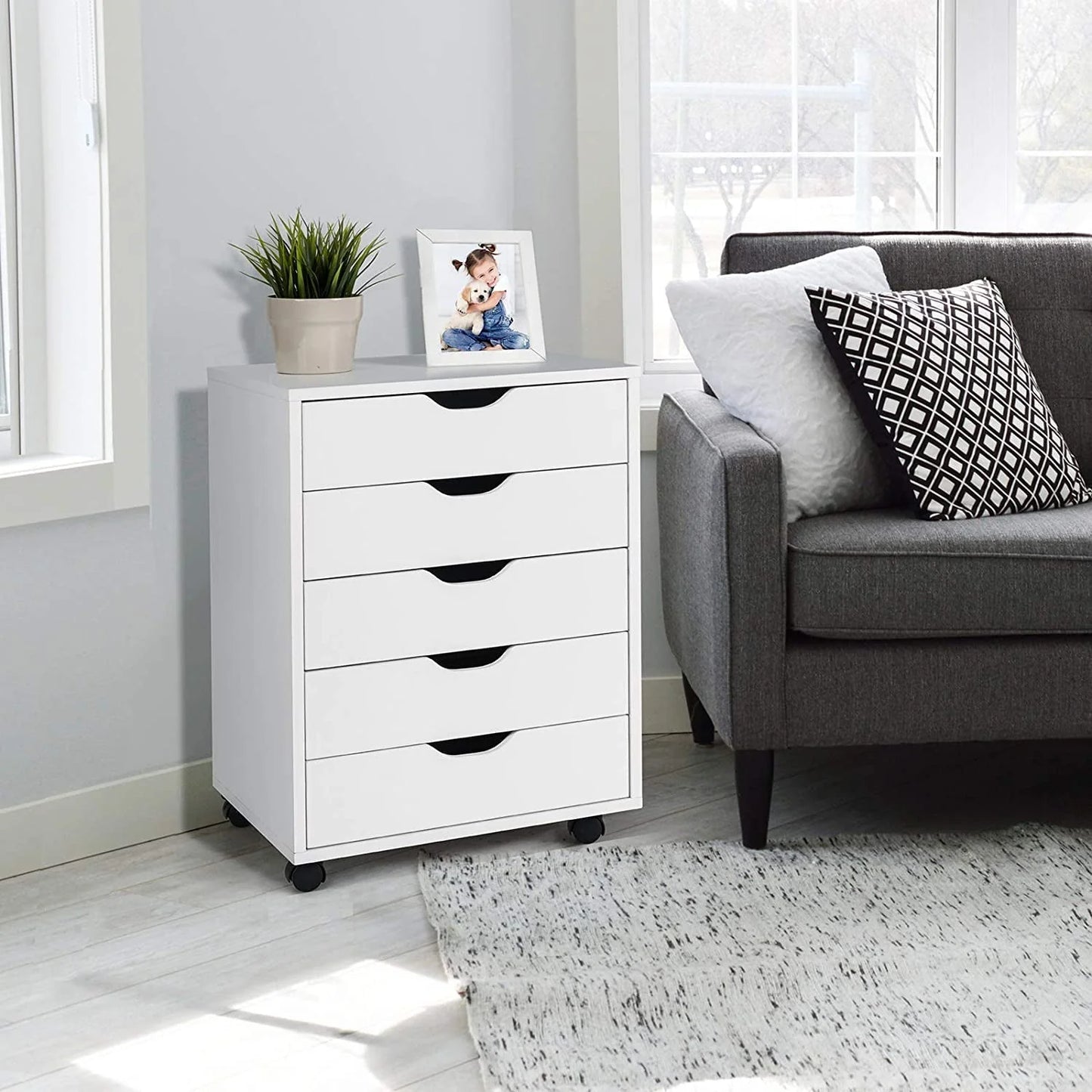 DWVO Wood File Cabinet Rolling Cart 5 Drawer Home Office Storage Organizer White