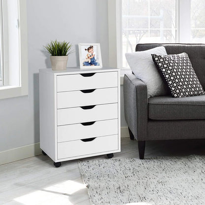 DWVO Wood File Cabinet Rolling Cart 5 Drawer Home Office Storage Organizer White