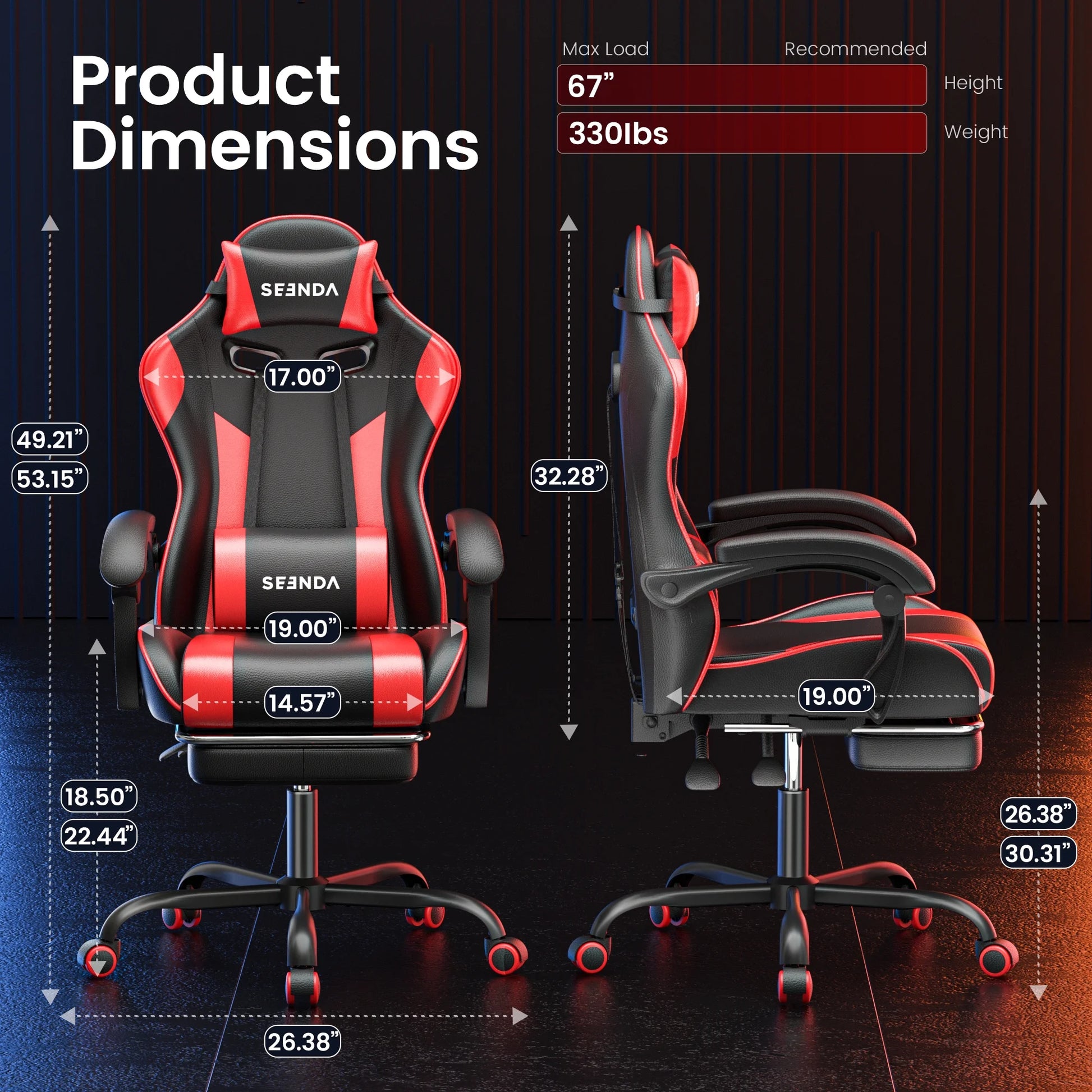 Gaming Chair, Seenda Computer Office Chair, Linkage Armrests and Footrest, High Back Ergonomic Home Office Desk Chair with Lumbar Support Task Chair, Red