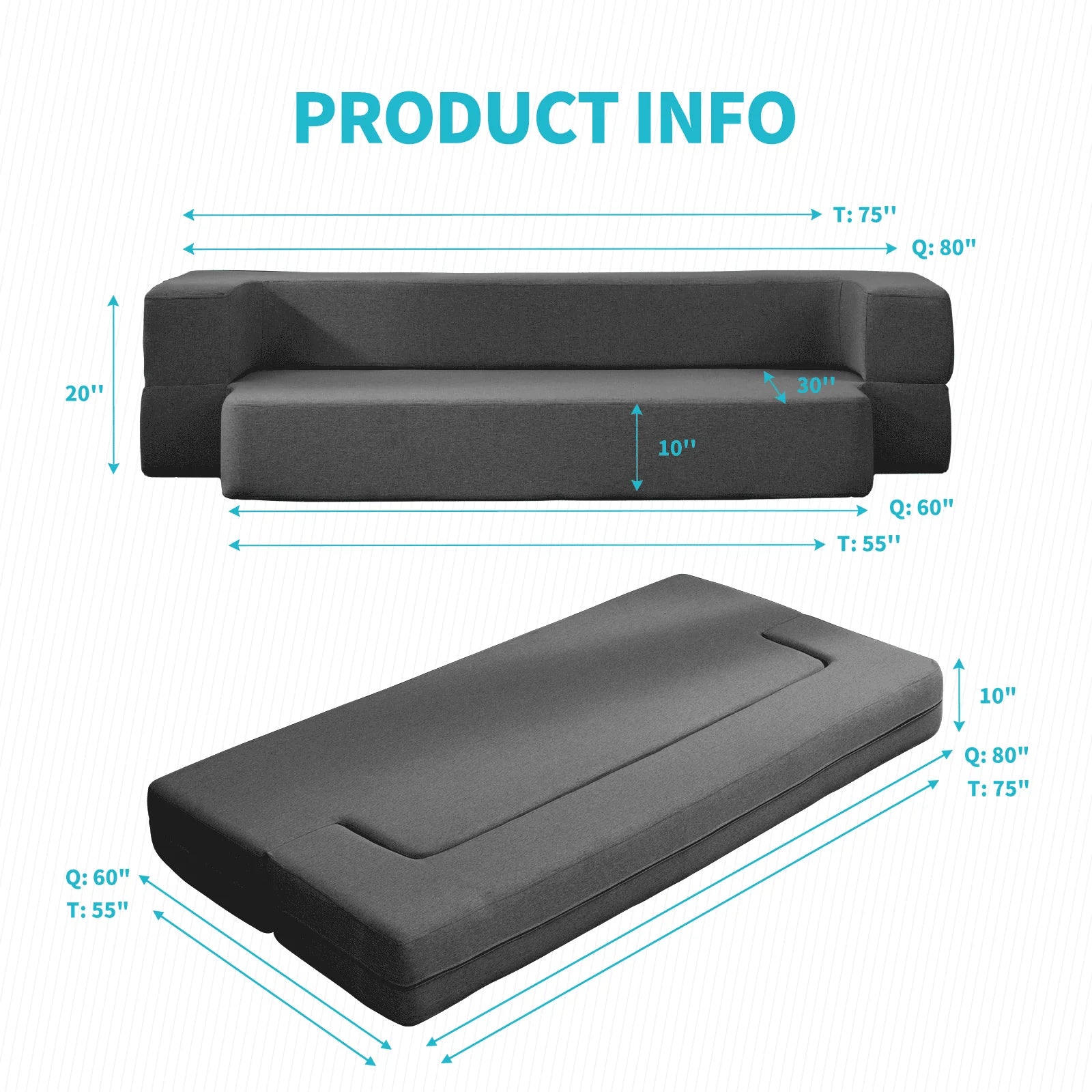 BALUS Folding Sofa Bed, Convertible Sleeper Sofa Bed Queen,Floor Couch Bed,Futon Sofa Bed Memory Foam Mattress,Floor Sofa Bed Twin for Living Room/Bedroom/Guest Room/Home Office,Dark Grey