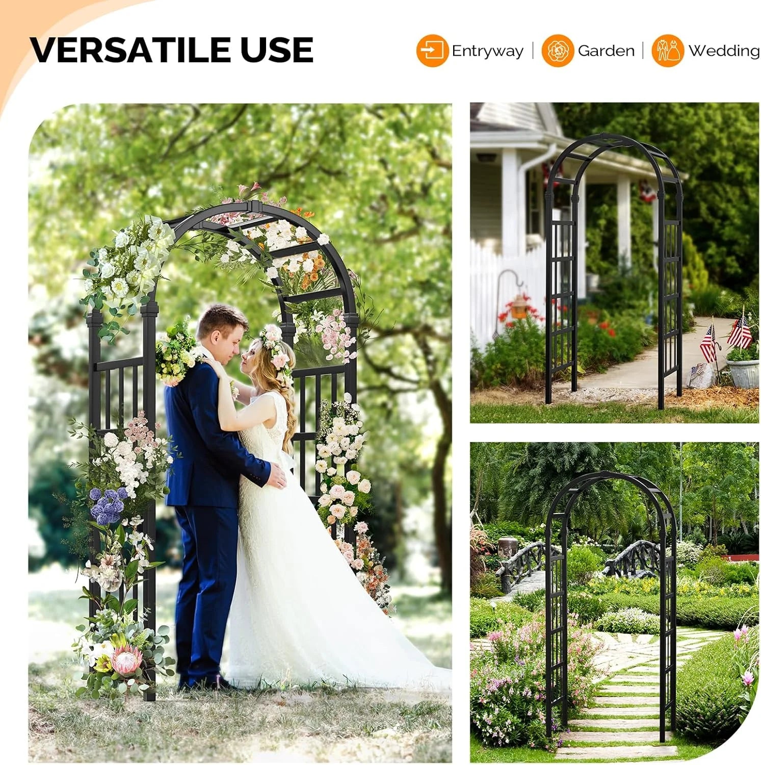 GFNXYI Vinyl Garden Arbor, PVC Wedding Arch for Ceremony Party, Garden Trellis for Climbing Plants Outdoor, Arch Backdrop Stand for Garden, Backyard, Lawn (Black)