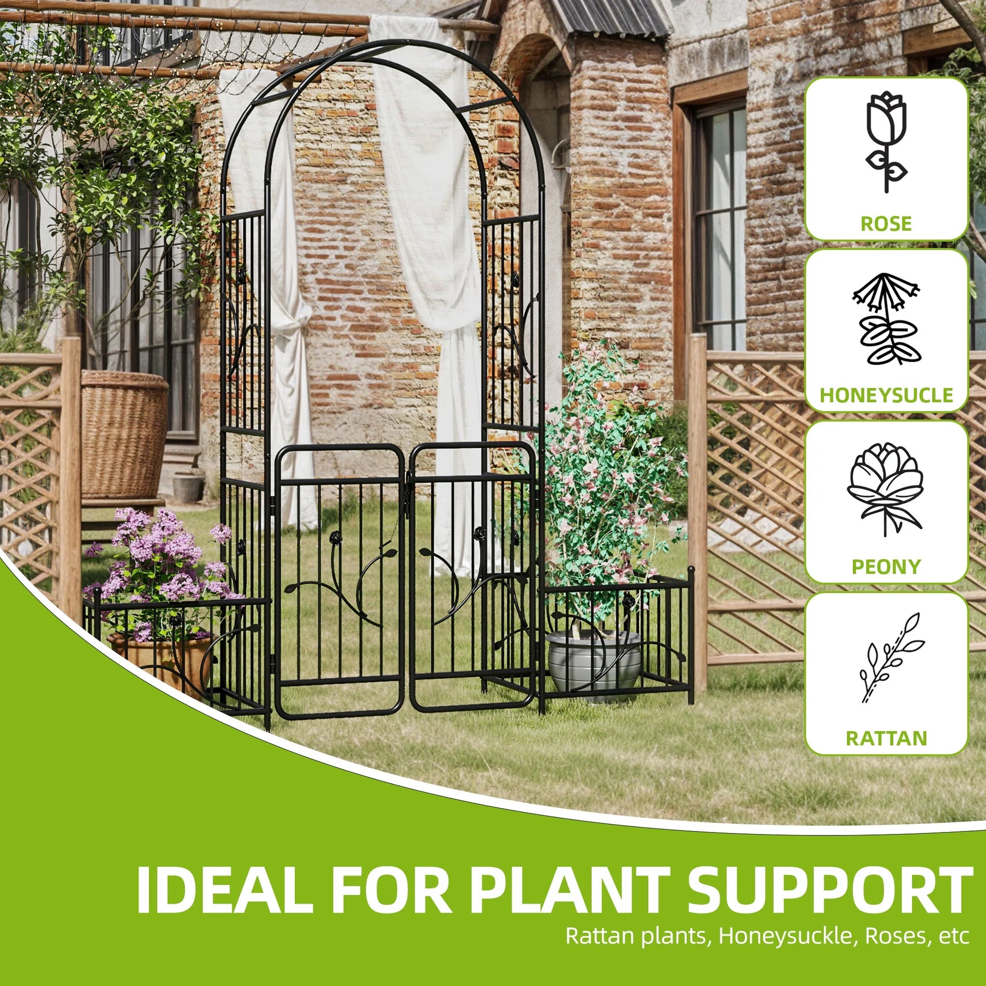 Uforic 87" Metal Garden Arbor Arch with Gate and Planter Boxes, Garden Trellis for Climbing Plants, Patio Wedding Party Lawn Arches Decoration, Black