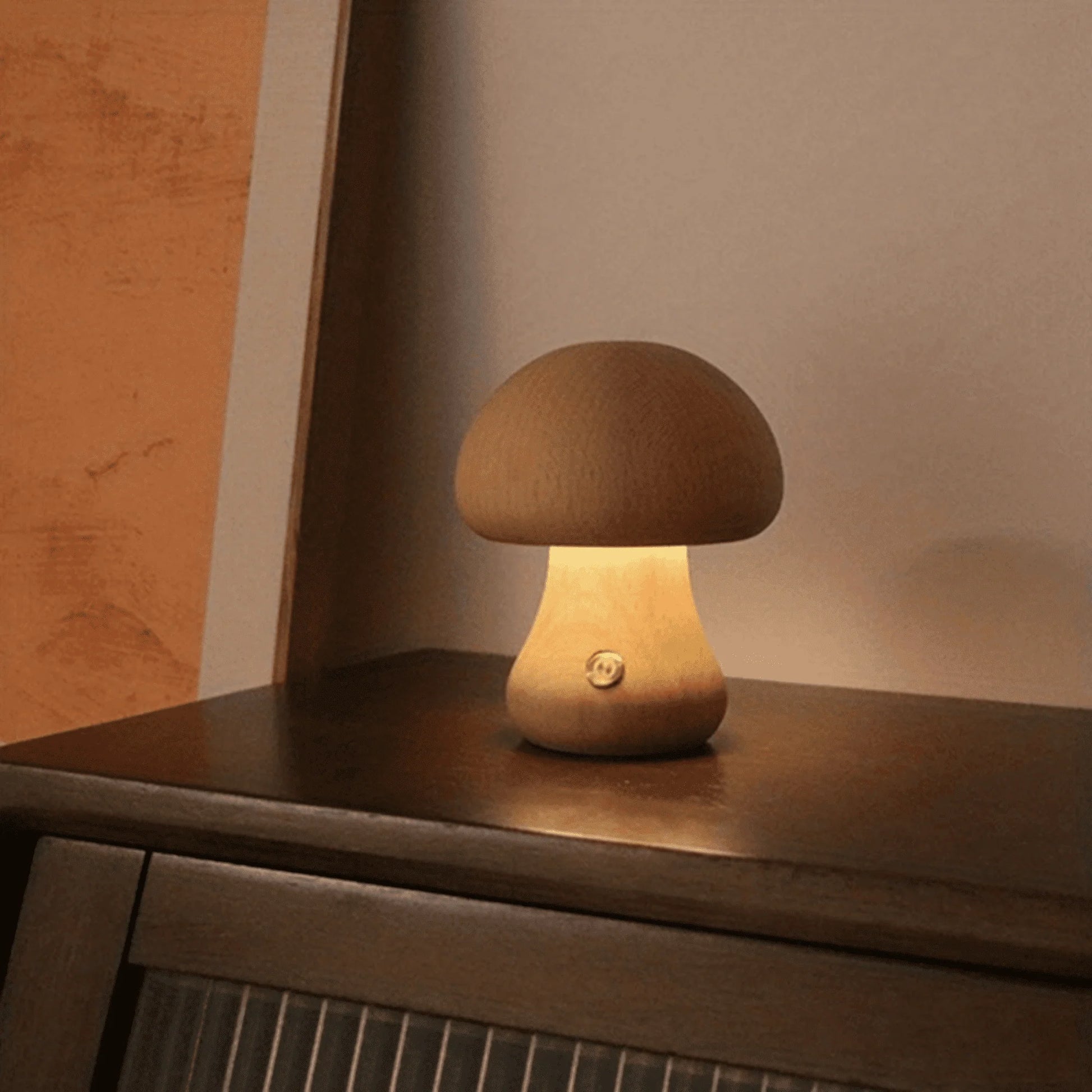 Mushroom Table Lamp, Dimmable LED Creative Wood Desk Lamp with USB Charging for Home Decor