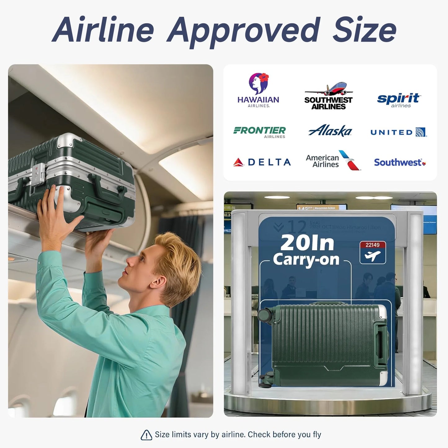 20" Carry On Luggage with Spinner Wheels & TSA Lock,Aluminum Frame Zipperless Hard Shell Suitcase, 22x14x9 Airline Approved, Green,AL1377