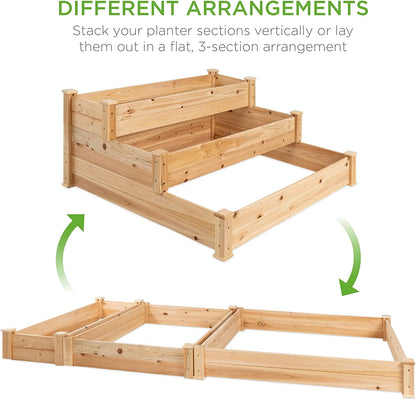 PINDEE 3-Tier Fir Wood Raised Garden Bed Planter Kit for Plants, Herbs, Vegetables, Outdoor Gardening w/Stackable & Flat Arrangement, Easy Assembly - Natural