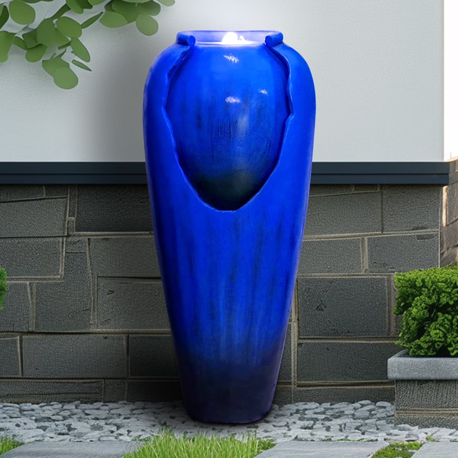 ourrco 30.7"H Concrete Vase Water Fountain, Modern Cascading Waterfall Feature with LED Lighting and Pump, Perfect for Indoor or Outdoor Home and Garden Decor, Red