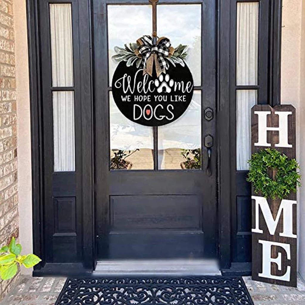 Front Door Welcome Sign, Round Wood Door Room Decor, Door Decor, Spring Wreath, Door Decor, Spring Wreath, Farm Porch Hanging Sign, Green, For Those Family With Pets, 11.8 Inch