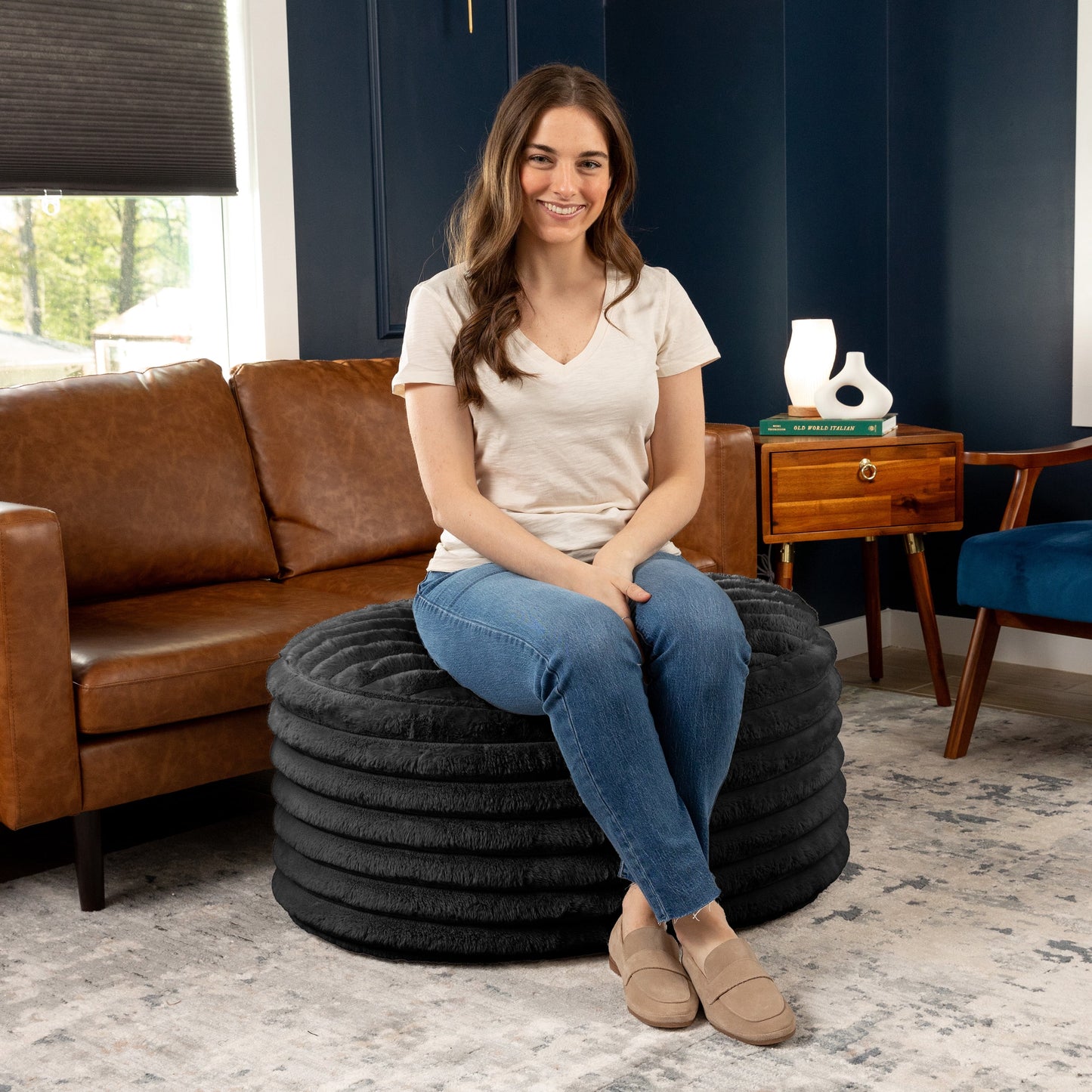 Jaxx Paran Accent Pouf - Fluffy Faux Fur Ottoman for Modern Interior Design, Large, Black