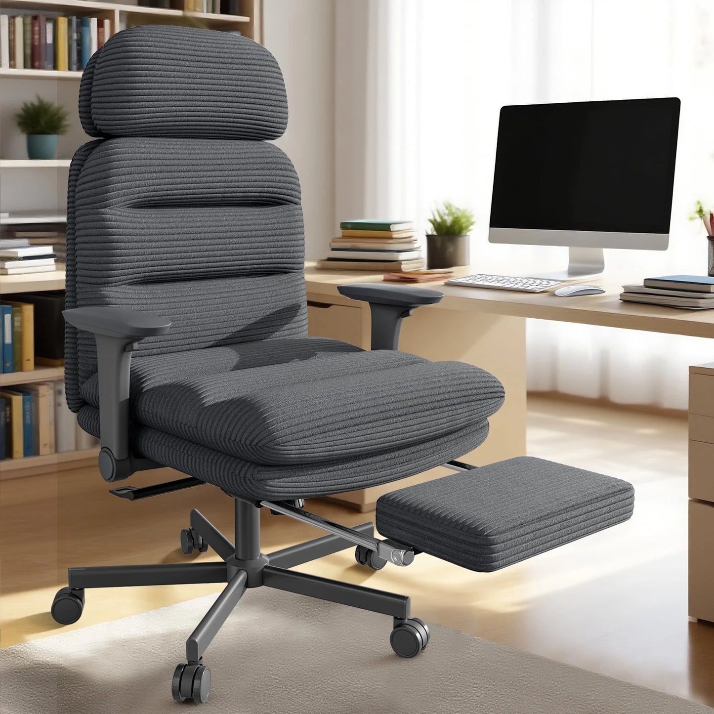 HomeZeer Ergonomic Cross-Legged Office Chair with Footrest & Headrest, Heavy Duty Executive Desk Chair with Flip-up Armrests, Corduroy Fabric Computer Criss Cross Chair for Home Office, Black
