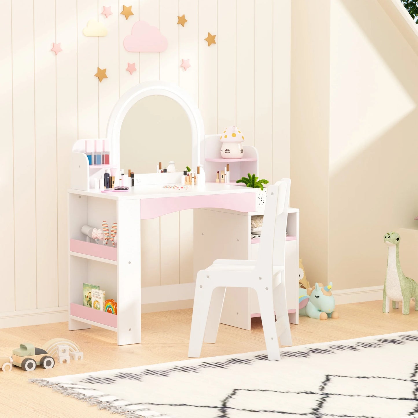 Kids 2-in-1 Princess Vanity Table Set with Jewelry Storage and Open Shelves, White