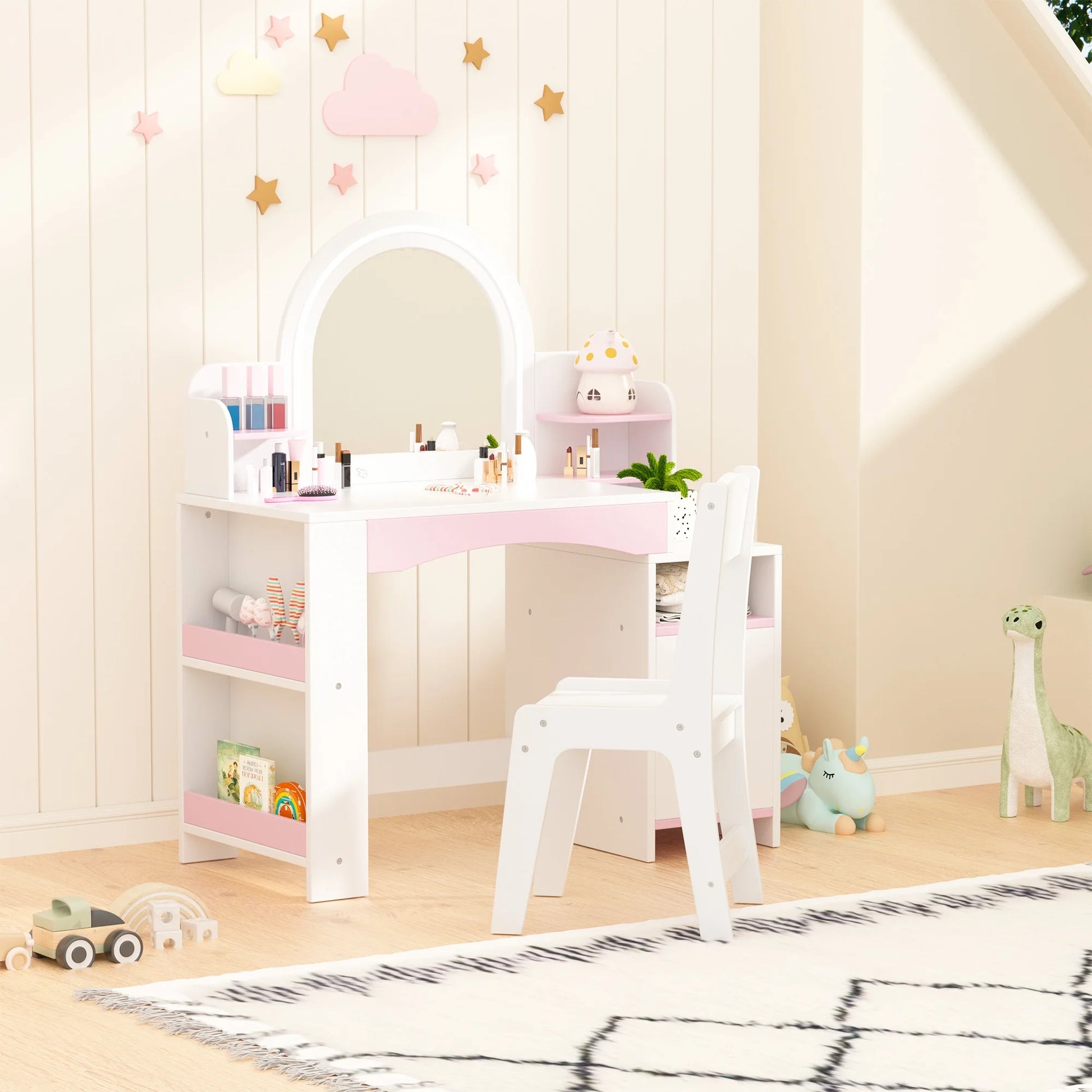Kids 2-in-1 Princess Vanity Table Set with Jewelry Storage and Open Shelves, White