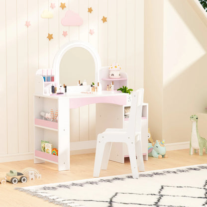 Kids 2-in-1 Princess Vanity Table Set with Jewelry Storage and Open Shelves, White