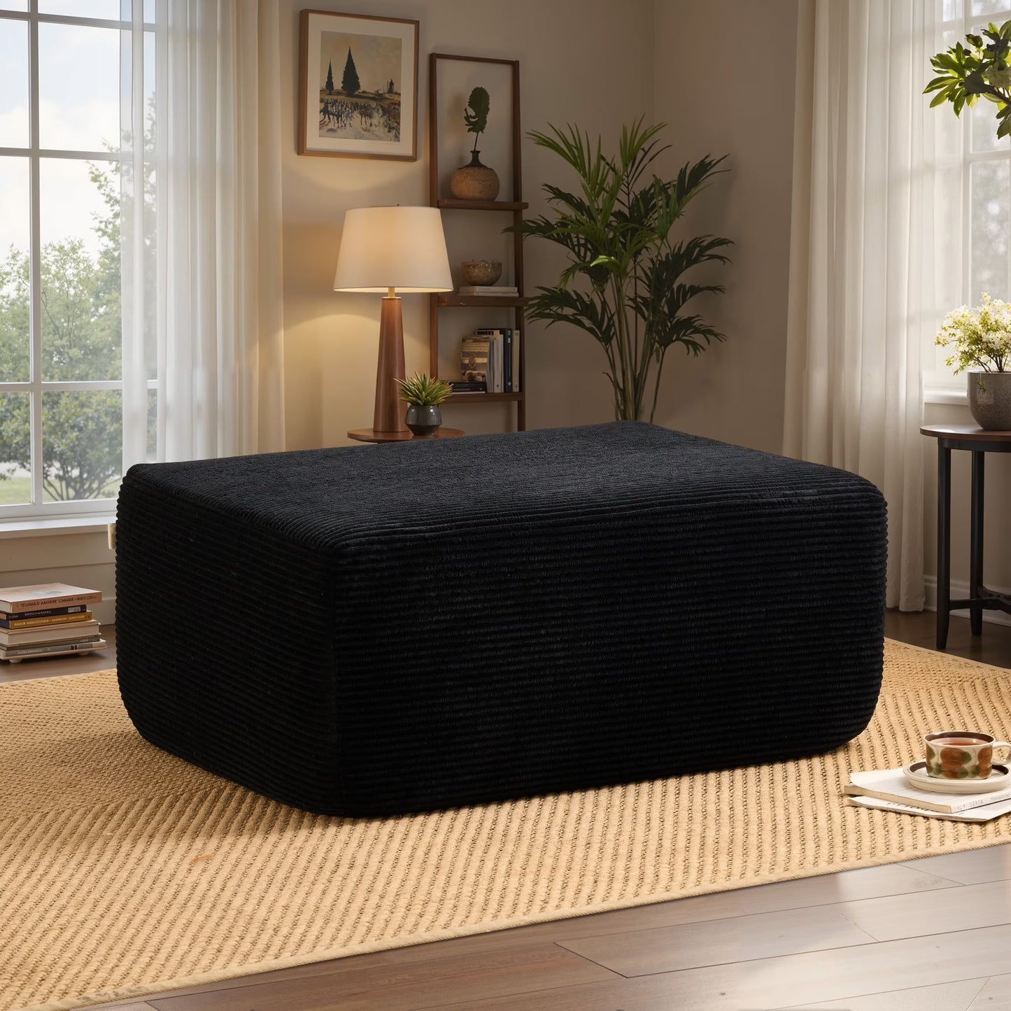 Ovios Oversized Ottoman Footrest for Sofa Large Plush Corduroy Pouf Ottoman Coffee Table Rectangle Floor Bench Extra Seating for Living Room, No Assembly, Beige