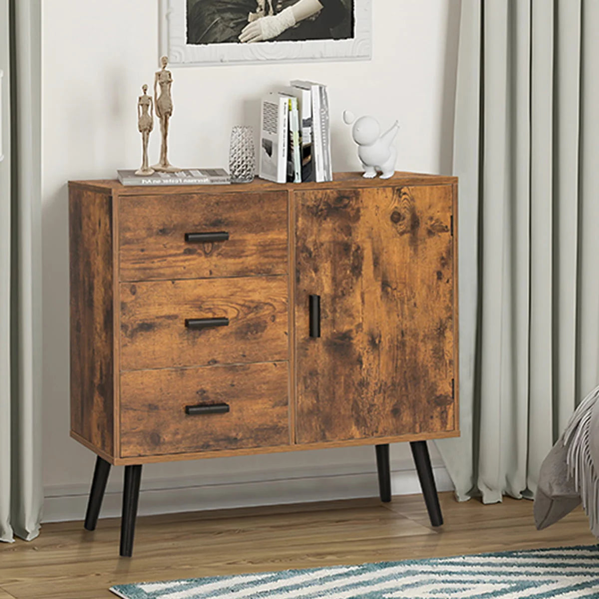 IWELL Storage Cabinet with Door & 3 Drawers, Mid Century Storage Cabinet with Adjustable Shelf, Floor Cabinet for Living Room, Bedroom, Home Office, Rustic Brown