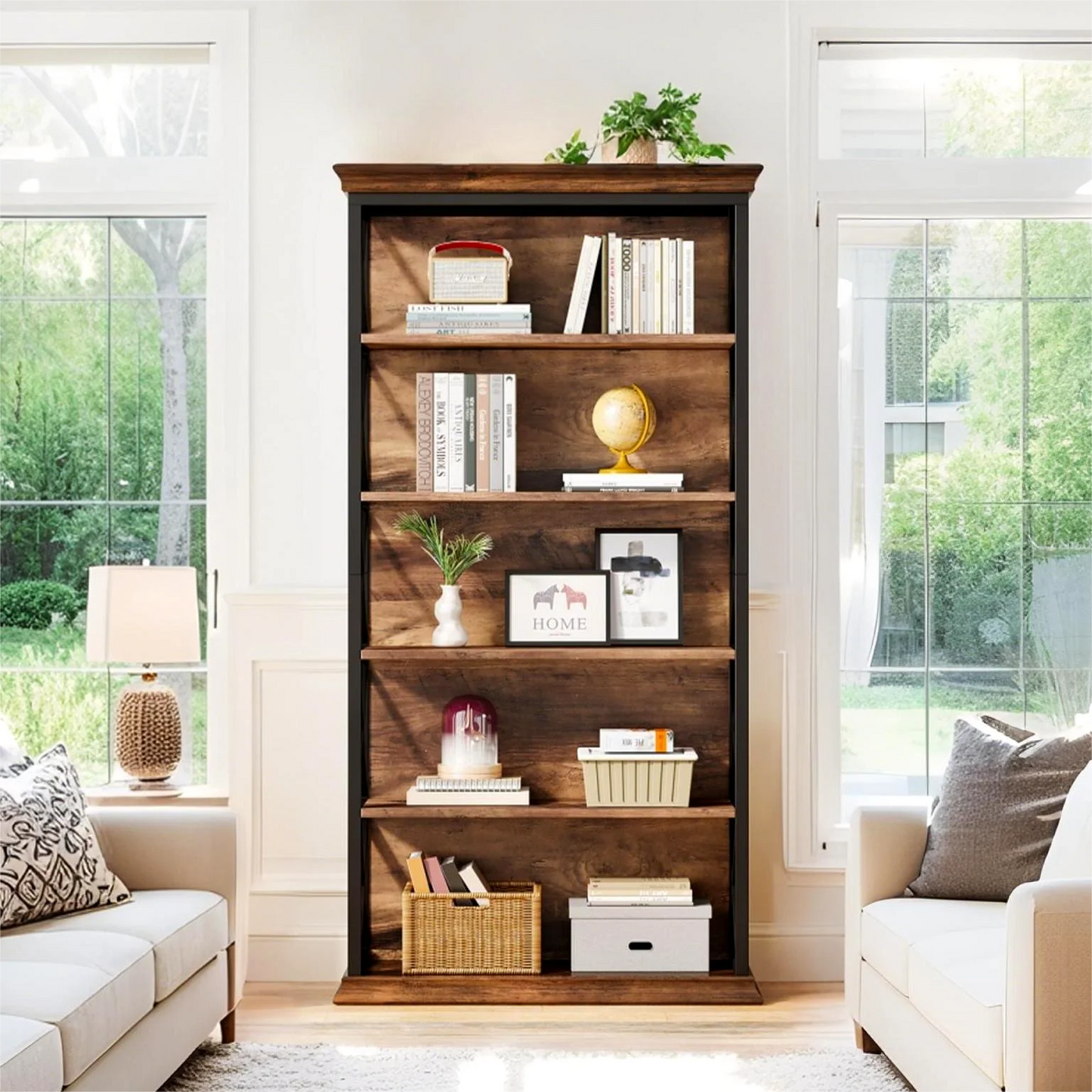 Fnova 71" 5-Tier Tall Bookshelf, Industrial Wood Bookcase with Metal Frame, Floor Standing Display Storage Shelves for Home Office, Living Room, Bedroom