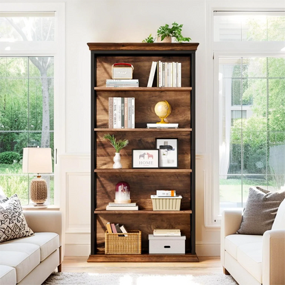 Fnova 71" 5-Tier Tall Bookshelf, Industrial Wood Bookcase with Metal Frame, Floor Standing Display Storage Shelves for Home Office, Living Room, Bedroom