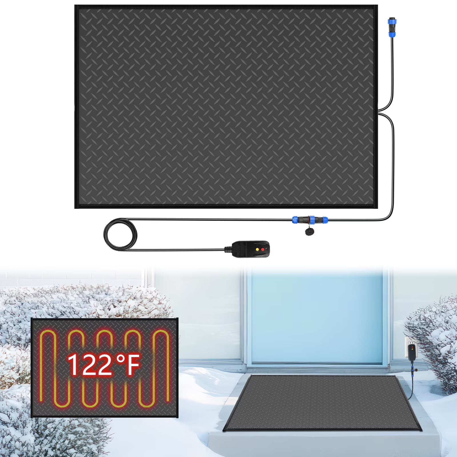 Slsy Snow Melting Mat, 20 x 30 inch, 3 in/h Melting Speed, Heated Outdoor Mats for Winter Walkway, No-Slip Rubber w/Plug & Power Cord