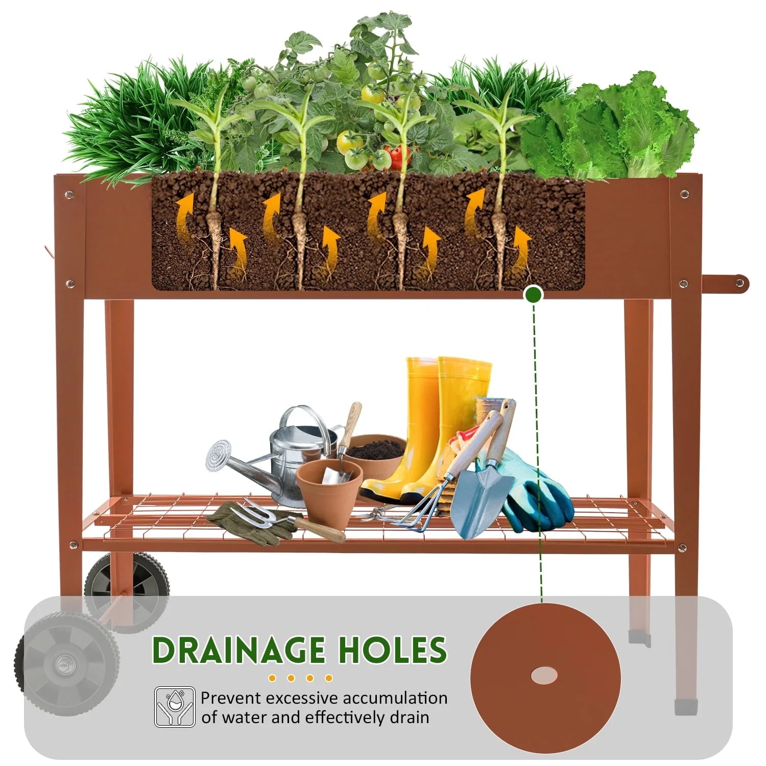 EXCITED WORK Brown Mobile Metal Raised Garden Bed, Outdoor/Indoor Garden Pots with Handles, Wheels and Shelves for Vegetables Flowers Fruits Apartment Patio Stand-37.4 inches Long