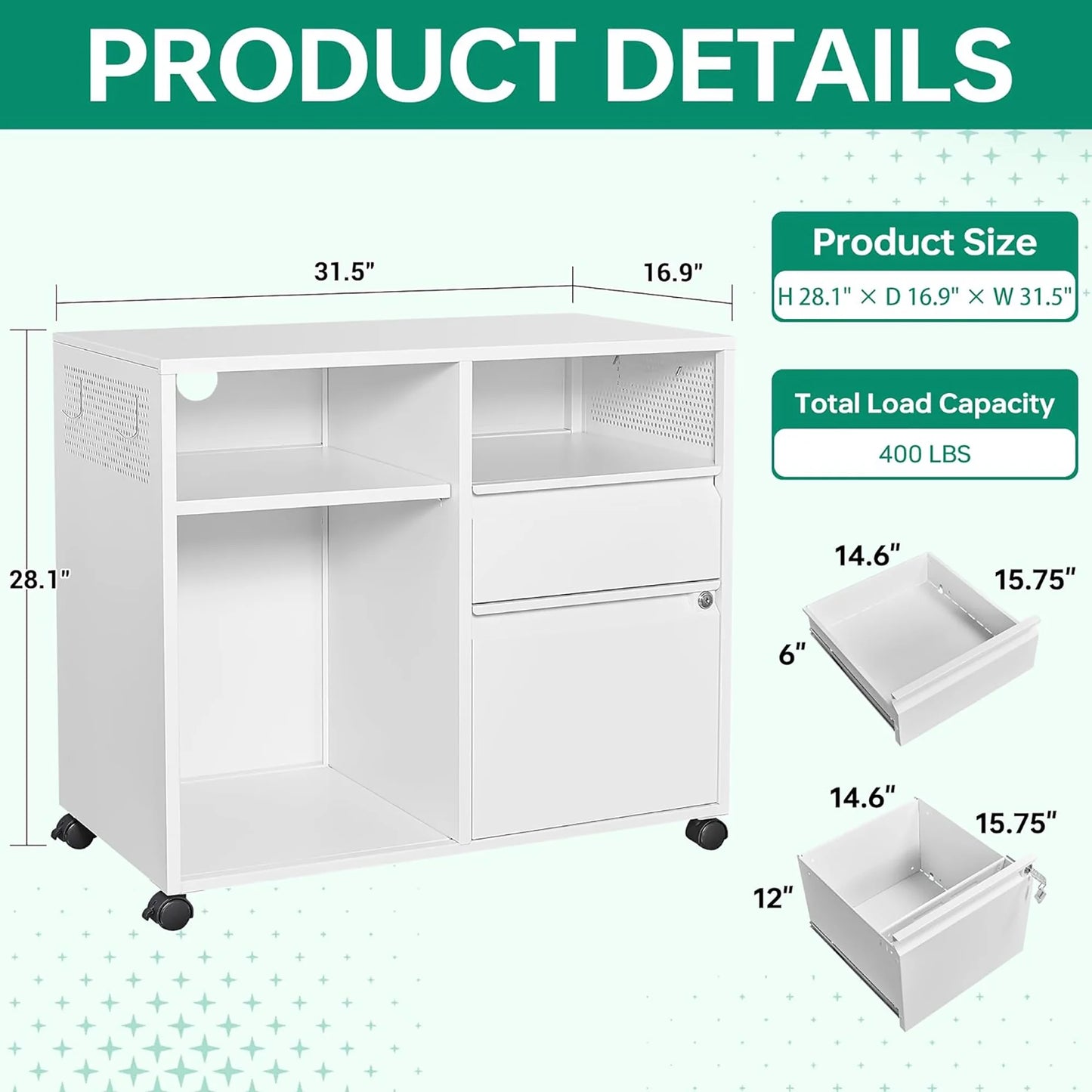 Fesbos Mobile File Cabinet, Metal Lateral Rolling Printer Stand Filing Cabinets with Shelves for Home Office-Storage A4/F4/Letter/Legal