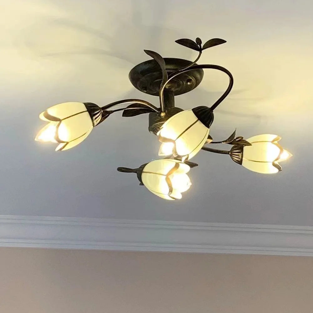 Lakiq Rustic Flower Vine Semi Flush Mount Ceiling Light Wrought Iron Light Fixtures Farmhouse 4 Lights