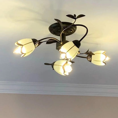 Lakiq Rustic Flower Vine Semi Flush Mount Ceiling Light Wrought Iron Light Fixtures Farmhouse 4 Lights