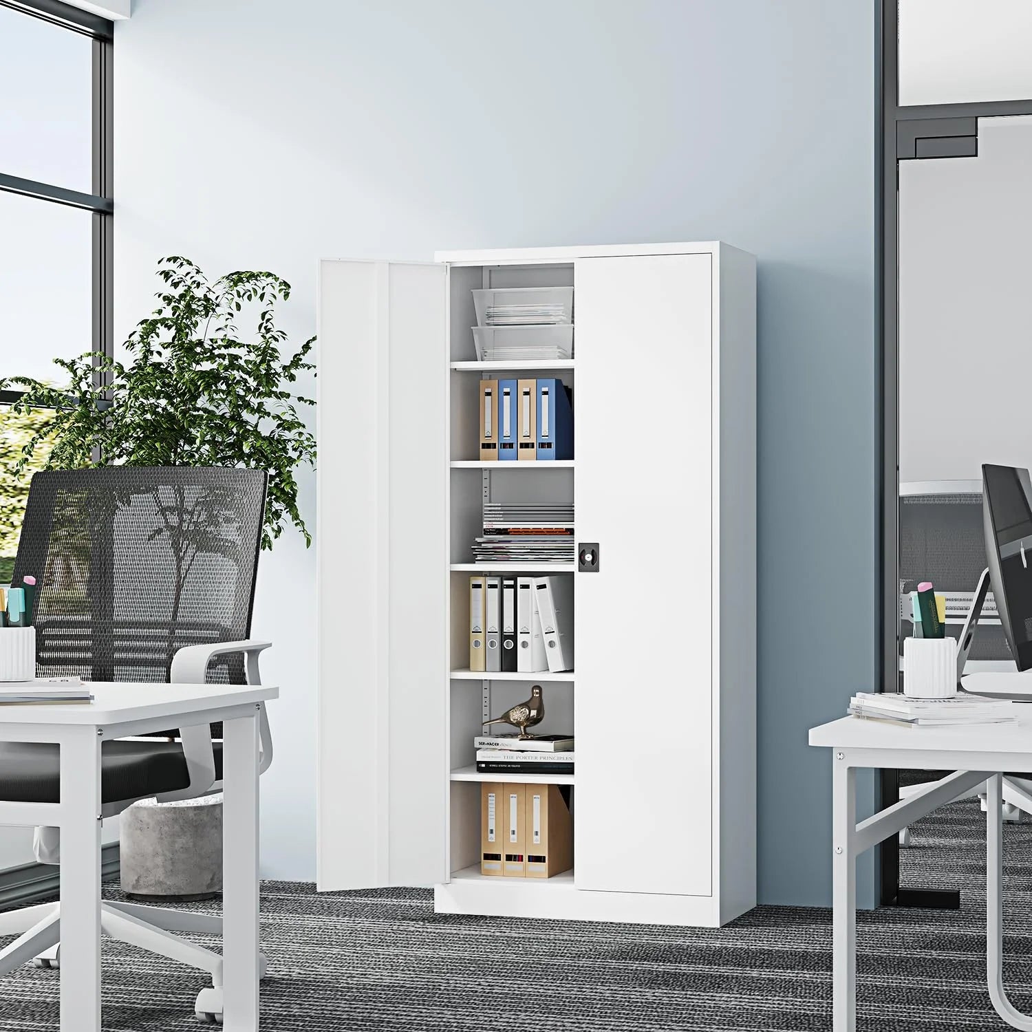 Fesbos Metal Garage Storage Cabinet,71" H Tall White Cabinet with 2 Doors and 5 Adjustbale Shelves,Lockable Tool Cabinet for Garage, Basement, Home Office