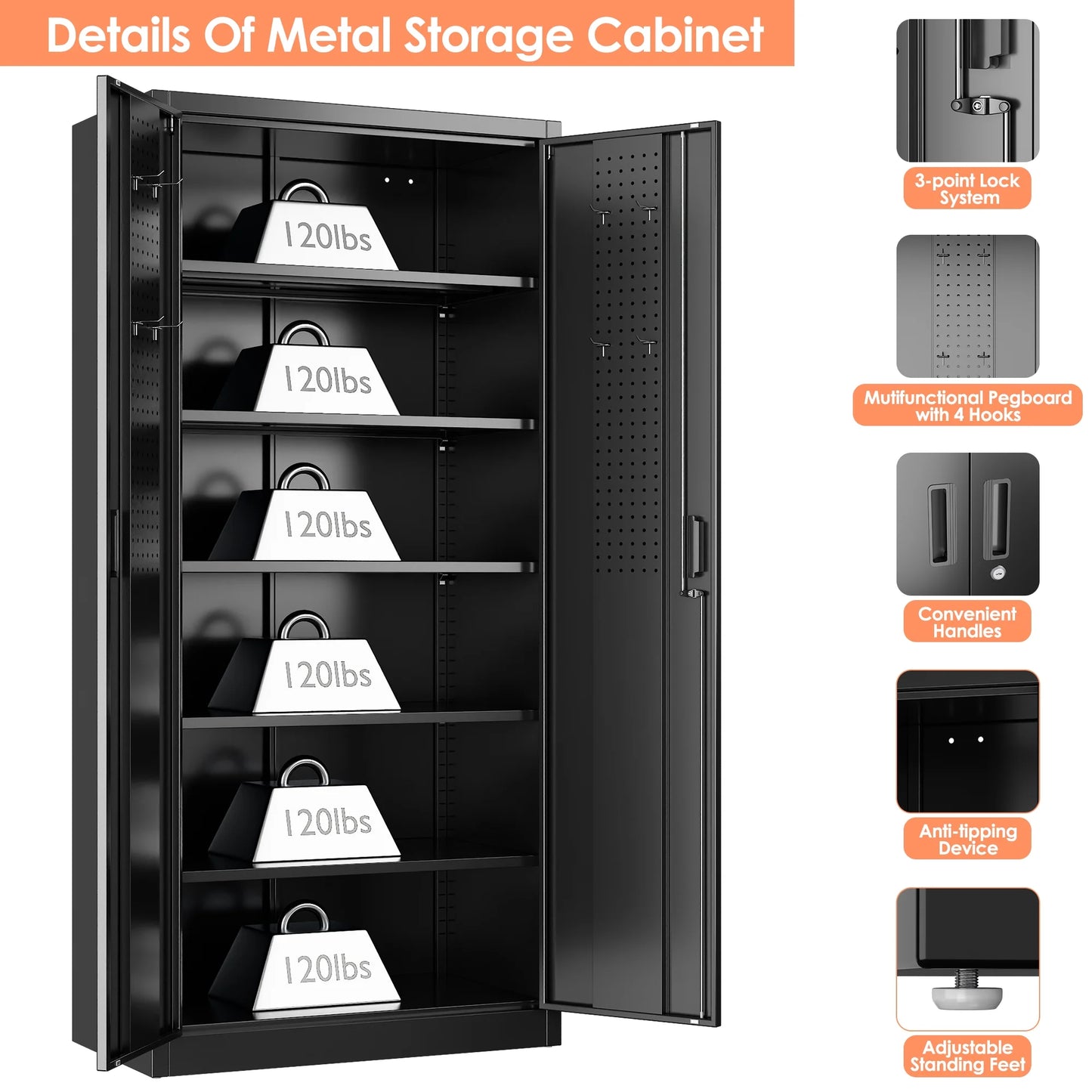 Aobabo Metal Storage Cabinet with Lock & Pegboard,Garage Storage Cabinet with 5 Adjustable Shelves,Tool Storage Cabinets for Home Office Garage,Assembly Required,Black