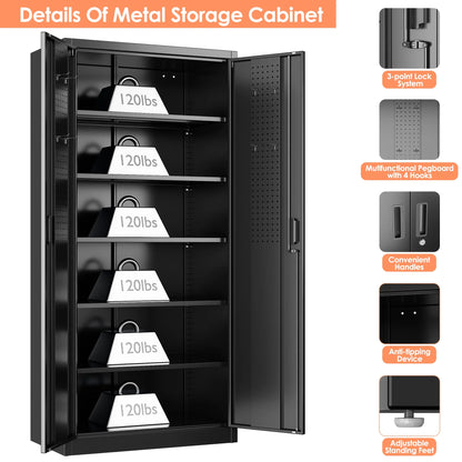 Aobabo Metal Storage Cabinet with Lock & Pegboard,Garage Storage Cabinet with 5 Adjustable Shelves,Tool Storage Cabinets for Home Office Garage,Assembly Required,Black