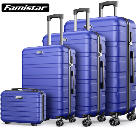 Famistar Carry On Luggage Suitcase Set 4 Piece - ABS Hardshell Luggage with Embedded TSA Lock, 360 ° Double Spinner Wheels - 14°?Travel Case, 20°?Carry On Luggage, 24°?and 28°?Checked Luggages, Blue