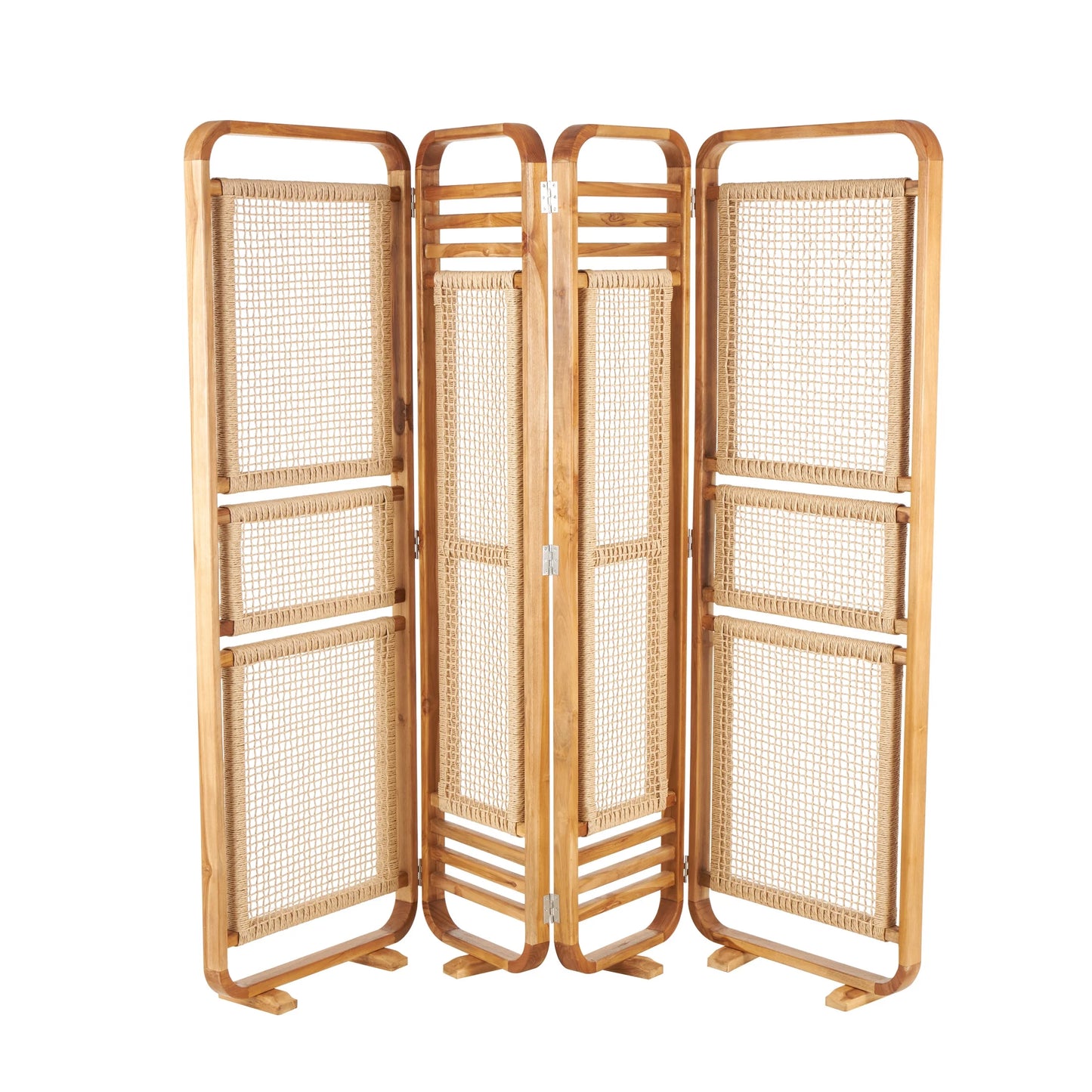 DecMode 79" x 70" Brown Teak Wood Handmade Foldable Partition 4 Panel Room Divider Screen with Woven Rattan Panels, 1-Piece