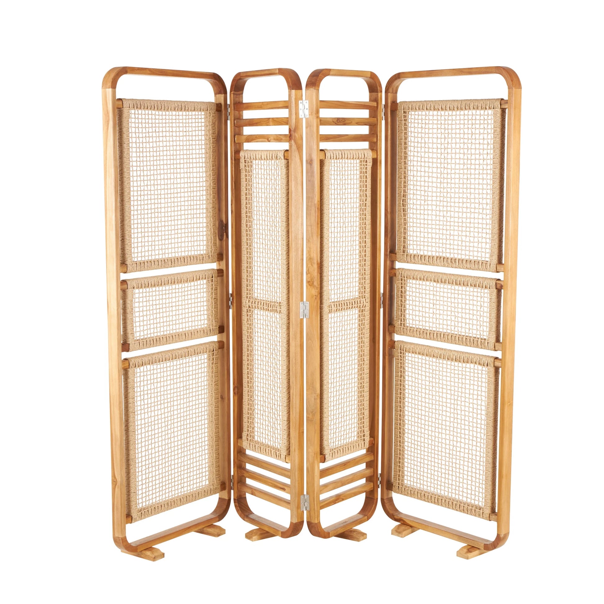 DecMode 79" x 70" Brown Teak Wood Handmade Foldable Partition 4 Panel Room Divider Screen with Woven Rattan Panels, 1-Piece