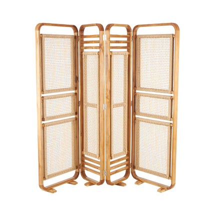 DecMode 79" x 70" Brown Teak Wood Handmade Foldable Partition 4 Panel Room Divider Screen with Woven Rattan Panels, 1-Piece
