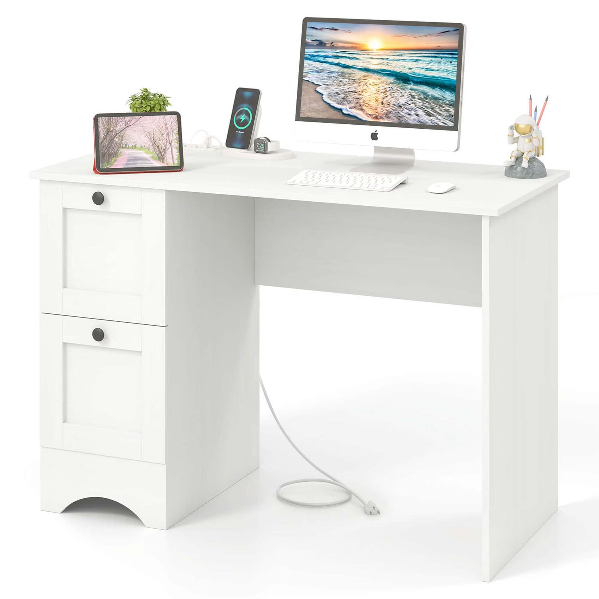 Costway 43" Home Office Desk with Charging Station Compact Study Writing Desk Walnut