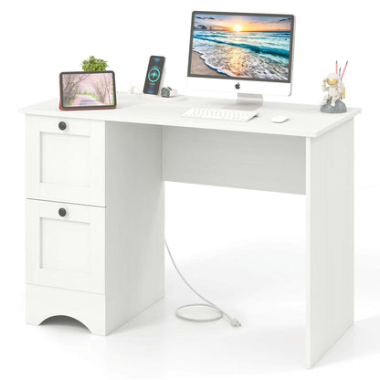 Costway 43" Home Office Desk with Charging Station Compact Study Writing Desk Walnut