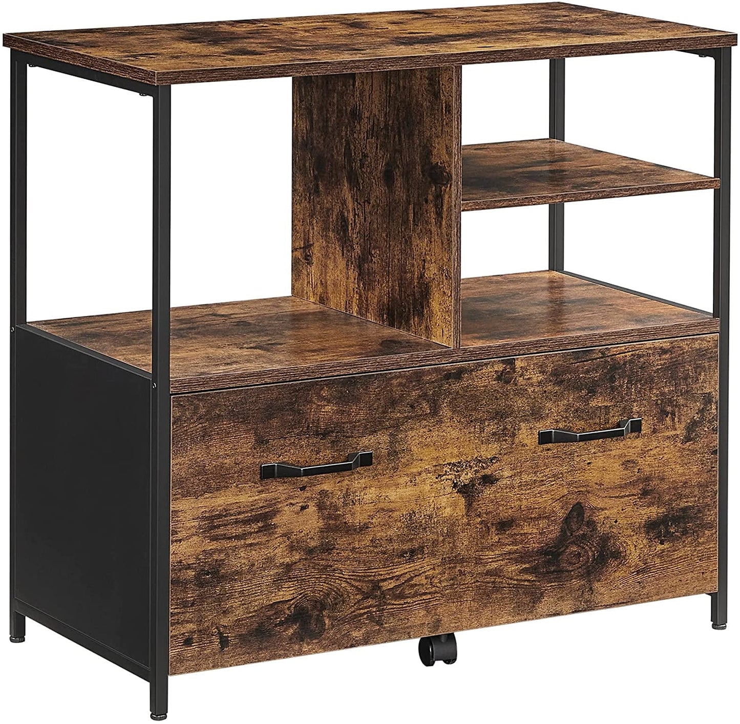 VASAGLE Lateral File Cabinet for Home Office, Filing Cabinet with Open Shelves and Drawer, Rustic Brown and Black