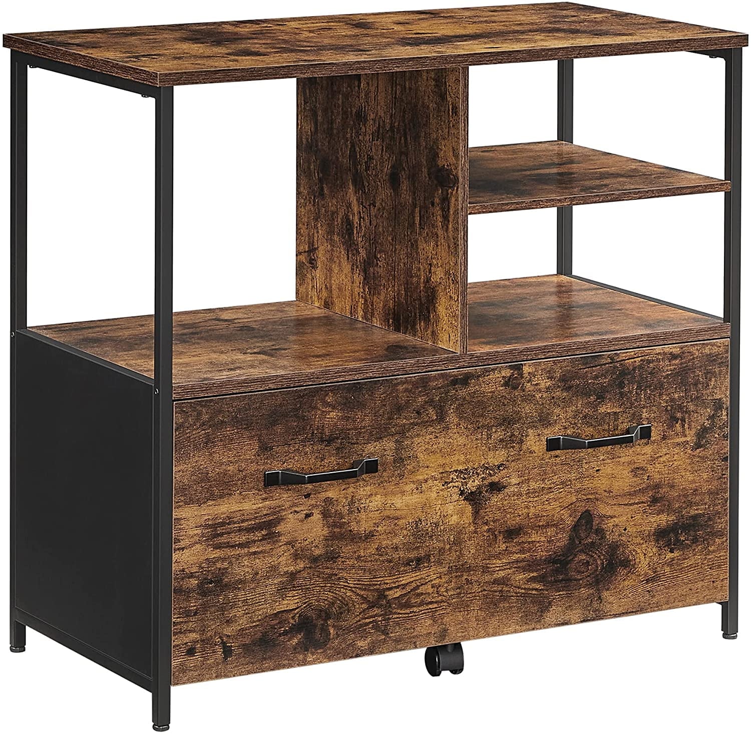 VASAGLE Lateral File Cabinet for Home Office, Filing Cabinet with Open Shelves and Drawer, Rustic Brown and Black