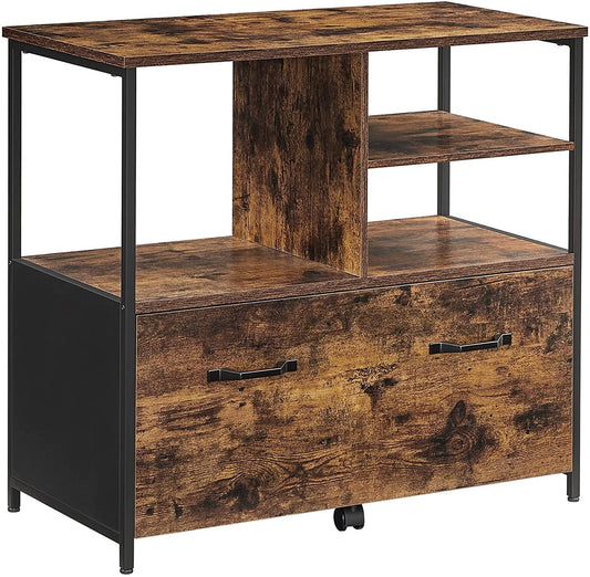 VASAGLE Lateral File Cabinet for Home Office, Filing Cabinet with Open Shelves and Drawer, Rustic Brown and Black
