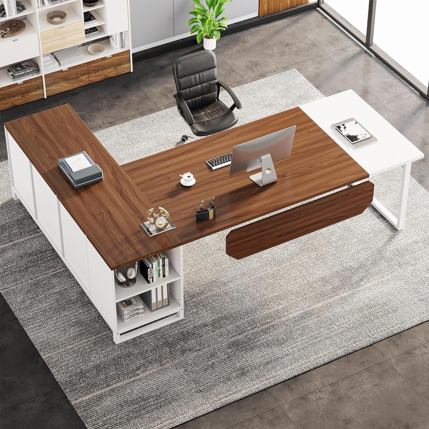 Tribesigns 70.8" L-Shaped Executive Desk with 55" File Cabinet, Modern L-Shaped Computer Desk with Storage Shelves and Cabinet for Home Office, Walnut White