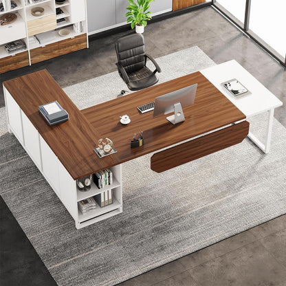 Tribesigns 70.8" L-Shaped Executive Desk with 55" File Cabinet, Modern L-Shaped Computer Desk with Storage Shelves and Cabinet for Home Office, Walnut White