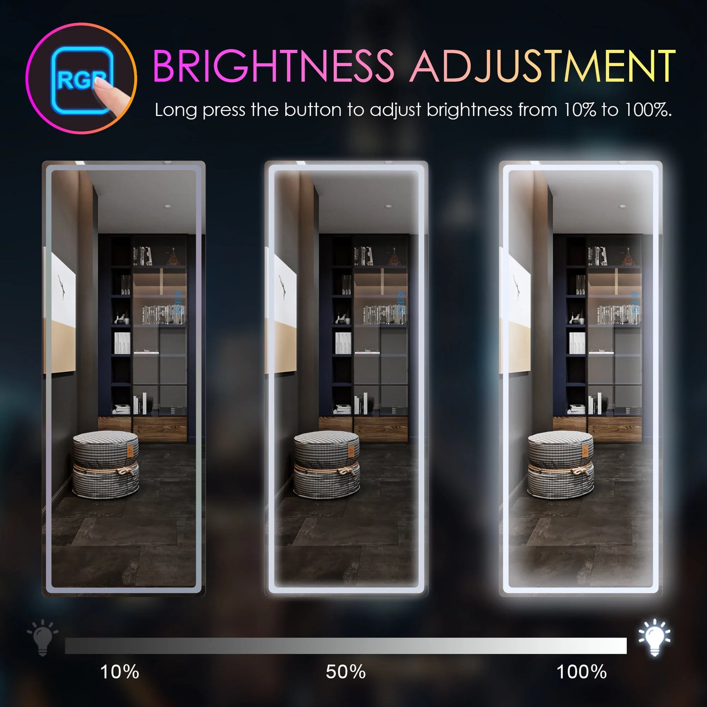 LVSOMT 47"x18" RGB LED Mirror, Over The Door Lighted Mirror, Full Length with Lights, Wall Mounted Hanging Mirror, Full Body Dressing Mirror, Light Up Mirror for Bedroom Living Room, Black