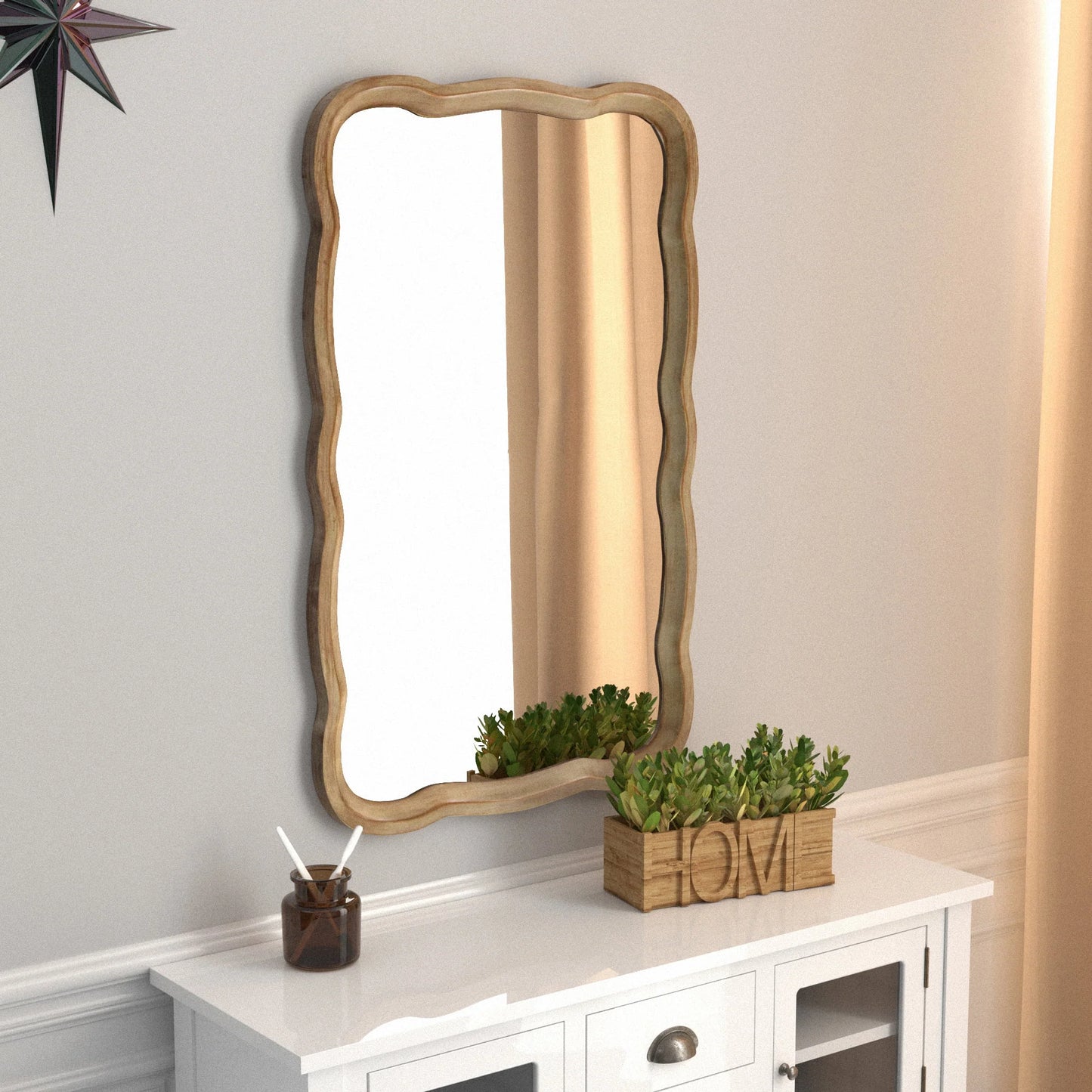 COZAYH Curved Wood Frame Accent Mirror, Farmhouse French Country Decorative Wall Mirror, Rectangle 23.5" L x 38" W, Natural