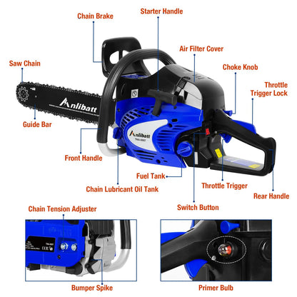 ANLIBATT Gas Chainsaw 18" 46cc 2.4HP 2-Cycle Gasonline Powered Handheld Cordless Chain Saw Petrol Automatic Oiler for Farm Garden Trees Wood Cutting