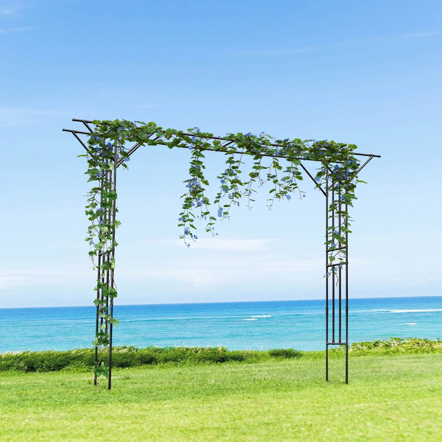 Black Garden Trellis Supersize Flattop Garden Arch for Wedding,141.7" L x 106" H Garden Arch Arbor Trellis for Climbing Plants Outdoor,Galvanized Steel Pipe Coated with Plastic
