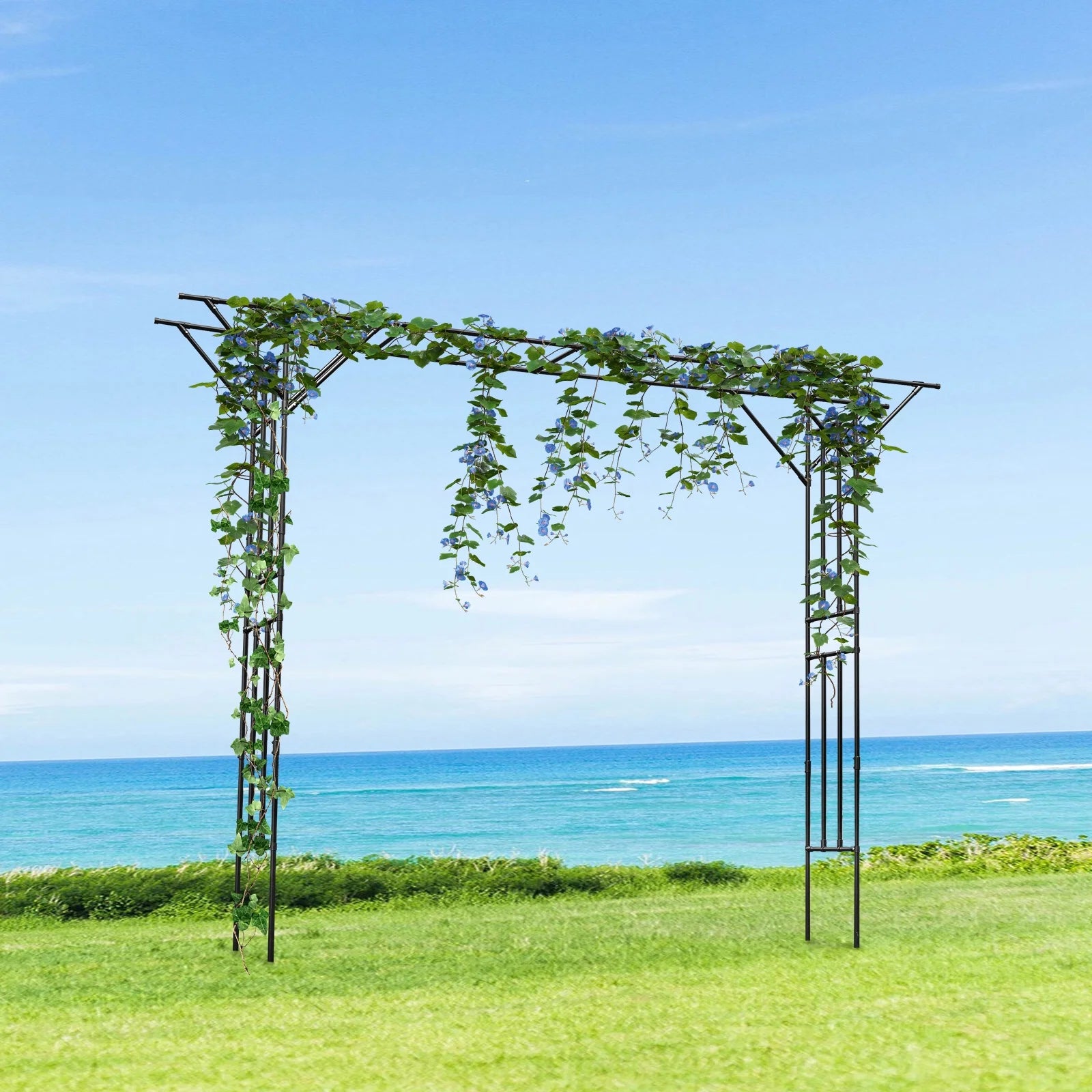 Black Garden Trellis Supersize Flattop Garden Arch for Wedding,141.7" L x 106" H Garden Arch Arbor Trellis for Climbing Plants Outdoor,Galvanized Steel Pipe Coated with Plastic