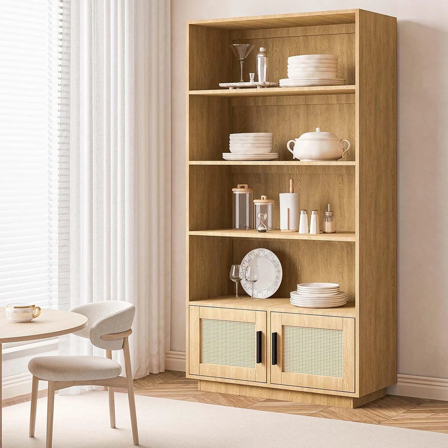 Huloretions 5 Tier Bookself, Boho Bookcase with Rattan Doors, Wooden Bookcase and Bookshelf with Storage, Tall Book Stand, Large Bookshelf for Living Room, Bedroom, Home Office, Kitchen